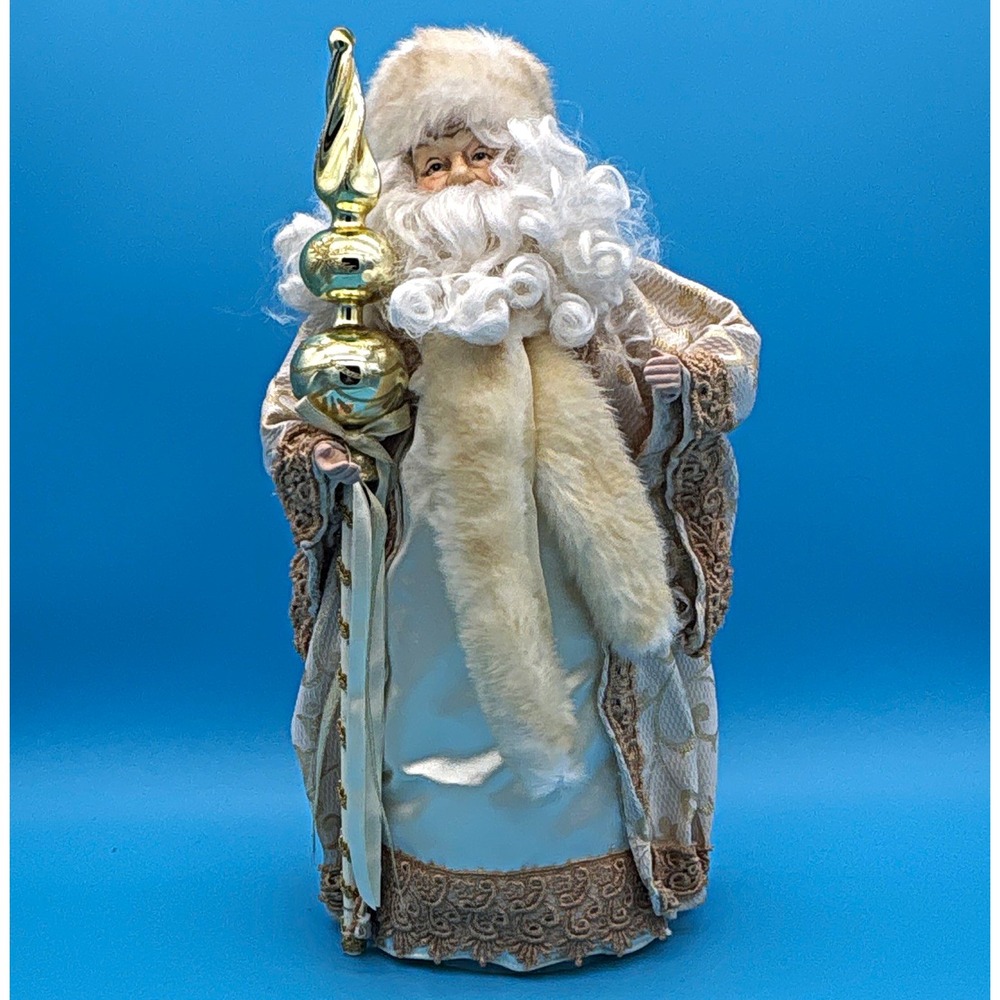 Vtg Elegant Santa 18" Figurine Tree Topper Gold Cream Brocade Satin Fur Staff